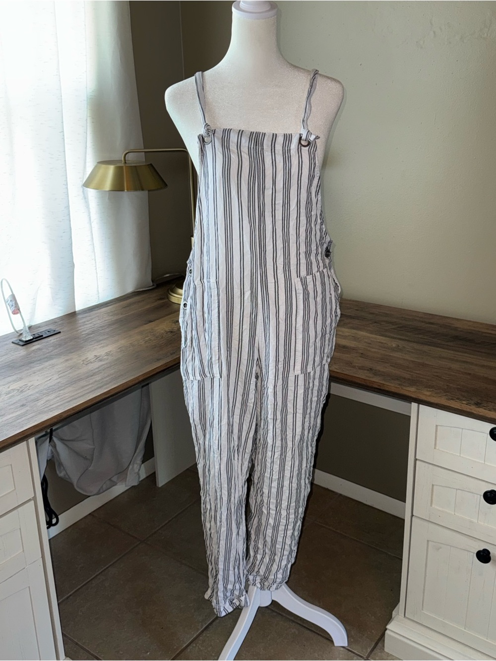 Holliester M Striped Overalls in White and Gray